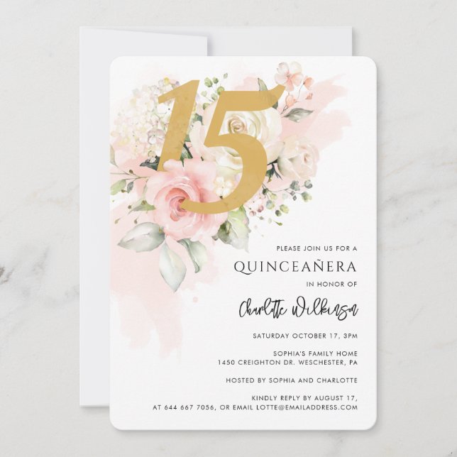 Convites 15 Birthday Quinceanera Floral Watercolor (Frente)