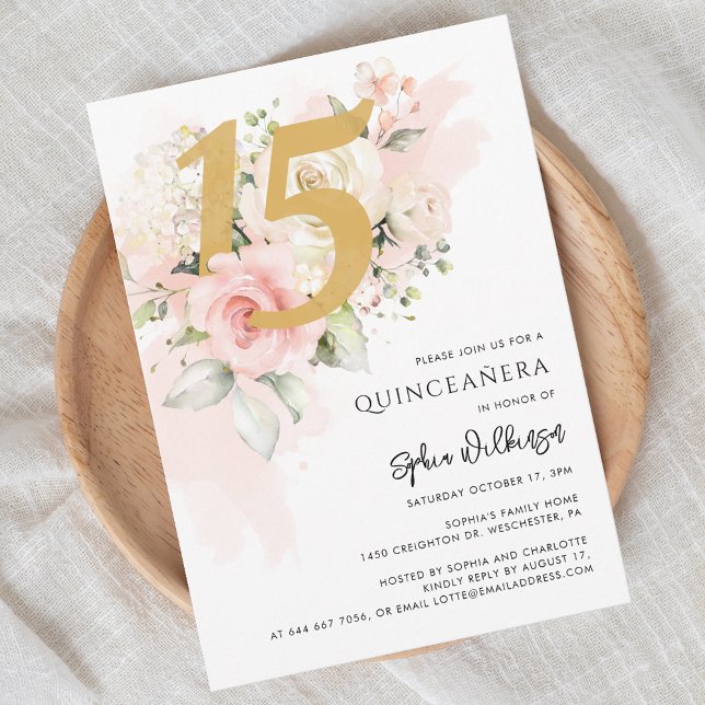Convites 15 Birthday Quinceanera Floral Watercolor (Quinceanera Floral Pink Botanical 15th Birthday Party Invitation)