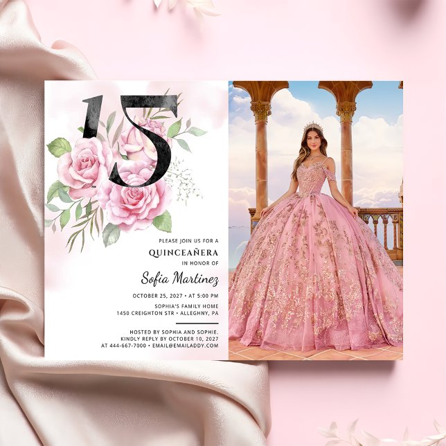 Convites 15 Birthday Quinceanera Rustic Foto Floral (Criador carregado)