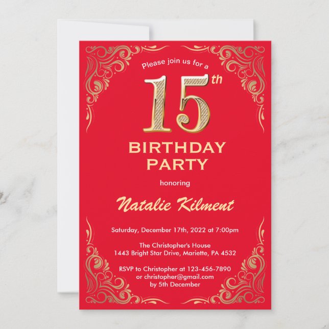 Convites 15 Birthday Red and Dourado Glitter Frame (Frente)