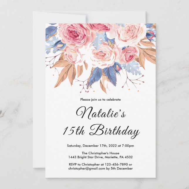 Convites 15 Birthday Watercolor Floral Flores Botânicas (Frente)