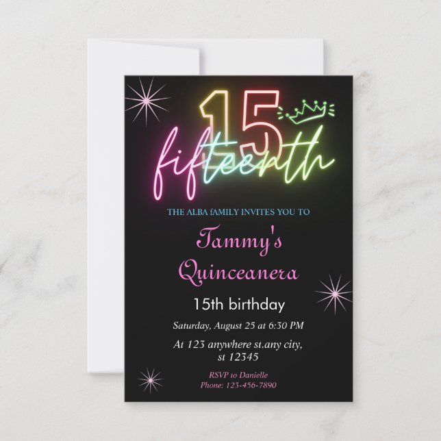 Convites 15 BirthdayGlow Neon Quinceanera (Frente)