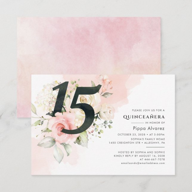 Convites 15 de Aniversário Cinzento-Rosa Quinceanera Botâni (Frente/Verso)