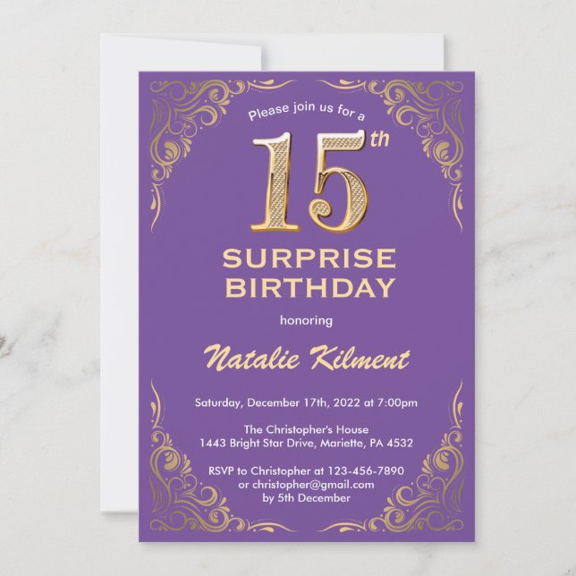 Convites 15 de Aniversário Surpresa Roxo e Luminosidade Dou (Frente)