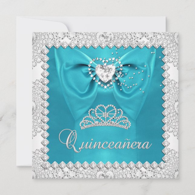 Convites 15 de Quinceanera Branca de Prata Teal (Frente)