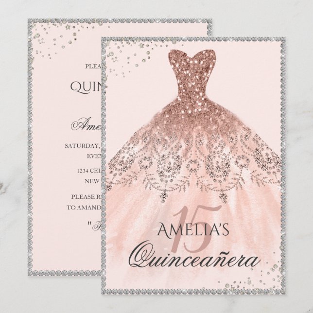 Convites 15 de Quinceanera de Rosa Dourado de Vestido de Pr (Frente/Verso)