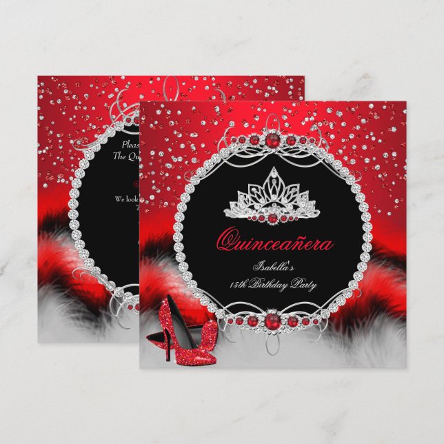 Convites 15 de Quinceanera Feather Red Pearl Heats (Frente/Verso)