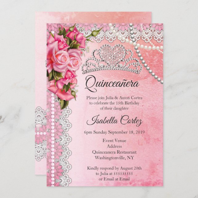 Convites 15 de Quinceanera, Festas de aniversário, Rosas Ro (Frente/Verso)