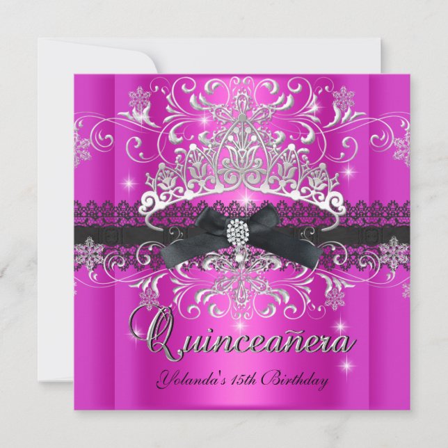 Convites 15 de Quinceanera Gliteira Rosa Quente Tiara Silve (Frente)