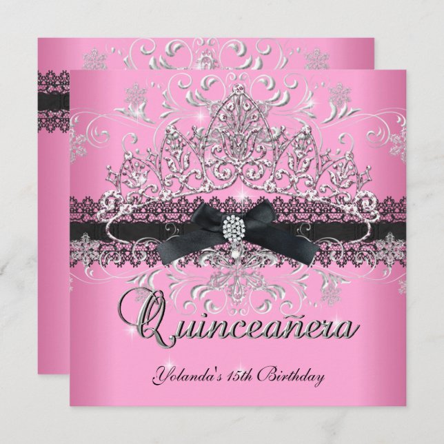 Convites 15 de Quinceanera - Glitter Rosa Tiara - Arco Negr (Frente/Verso)