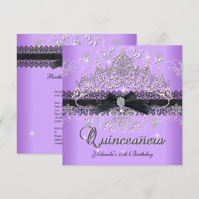 Convites 15 de Quinceanera Glitter Roxo Tiara Arco Preto (Frente/Verso)