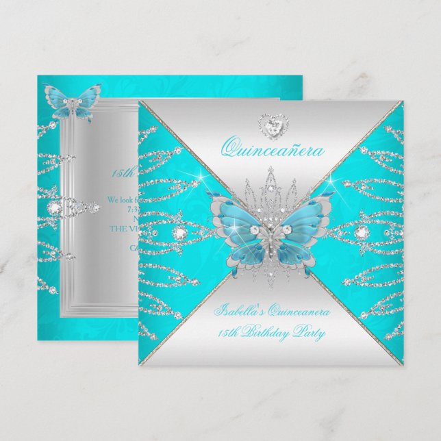 Convites 15 de Quinceanera Teal Blue Silver Butterfly Tiara (Frente/Verso)
