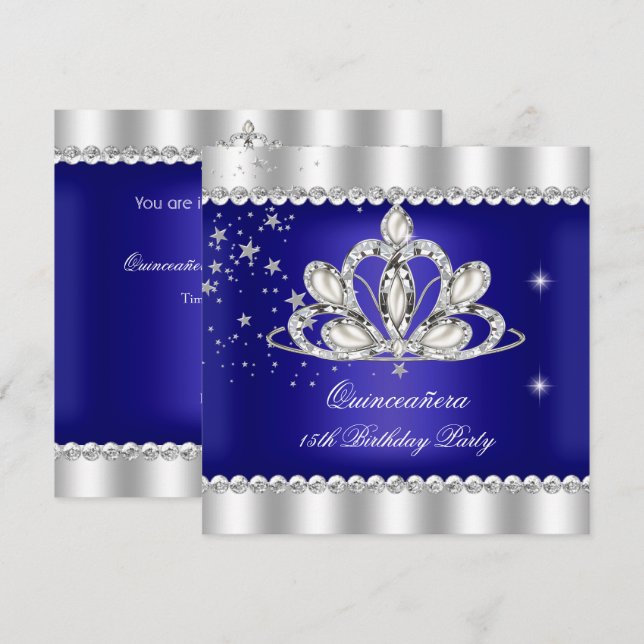 Convites 15 do partido QUINCEANERA Royal Blue Tiara Silver (Frente/Verso)