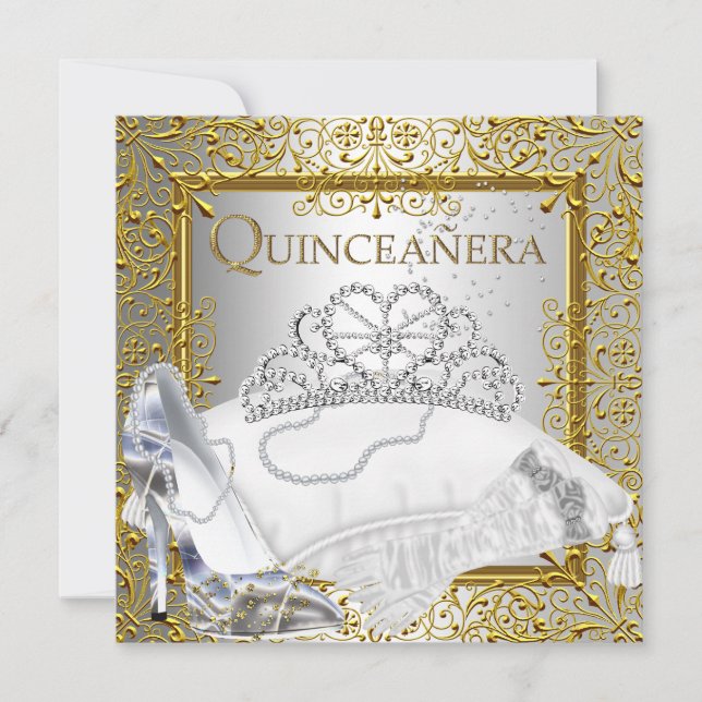 Convites 15 do Quinceanera, Dourado Glitter Silver (Frente)