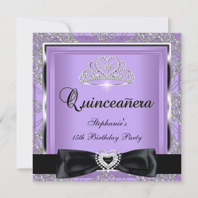 Convites 15 do Quinceanera Lilac Damask Silver Black (Frente)