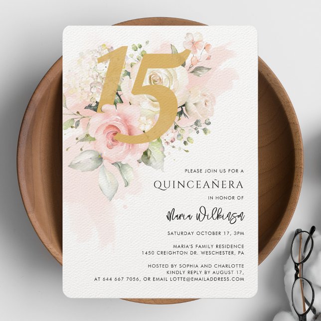 Convites 15 Floral Birthday Quinceanera Watercolor (Quinceanera 15th Birthday Party Floral Invitation)