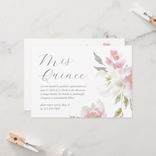 Convites 15 Floral Rosa bonito - Foto de Quinceañera (Frente/Verso In Situ)