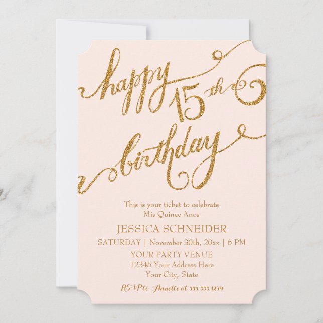 Convites 15 Mis Quince Anos, Bilhete de Aniversário de Quin (Frente)