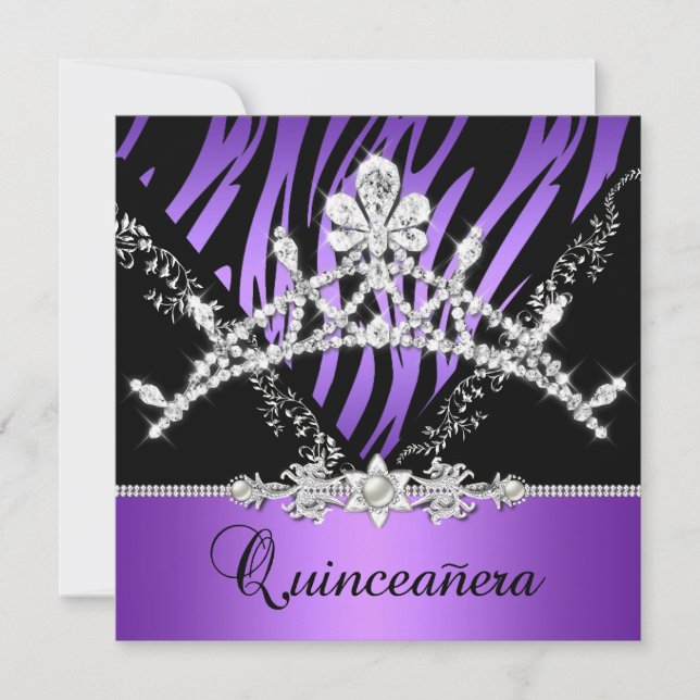 Convites 15 Zebra Tiara Diamante de Quinceanera Roxo (Frente)