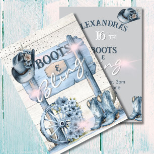 Convites 16ª Botas de Cowgirl Piscando no Oeste de Azul Ros