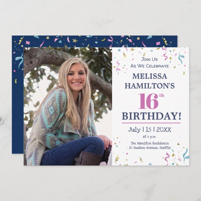 Convites 16ª celebração de Festas de aniversário com foto (Frente/Verso)