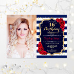 Convites 16ª Festa de aniversário com fotografia - Marinho<br><div class="desc">16º convite de aniversário com sua foto. Apresenta faixas brancas de marinho,  fonte de script,  rosa vermelha e confetti. Design branco azul-real clássico,  vermelho,  com ouro brilhante falso. Perfeito para uma elegante e doce celebração de 16 dias.</div>