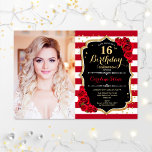 Convites 16ª Festa de aniversário com fotografia - Preto Do<br><div class="desc">16º convite de aniversário com sua foto. Apresenta faixas brancas escuras,  fontes de script,  rosas e confetti. Design vermelho preto clássico com ouro brilhante. Perfeito para uma elegante e doce celebração de 16 dias.</div>