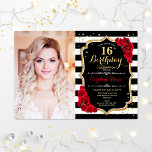 Convites 16ª Festa de aniversário com fotografia - Preto Do<br><div class="desc">16º convite de aniversário com sua foto. Apresenta faixas brancas pretas,  fonte de script,  rosa vermelha e confetti. Design vermelho preto clássico com ouro brilhante. Perfeito para uma elegante celebração de 16 dias.</div>