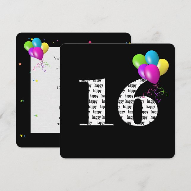 Convites 16ª Festa de aniversário com grupo de balão (Frente/Verso)