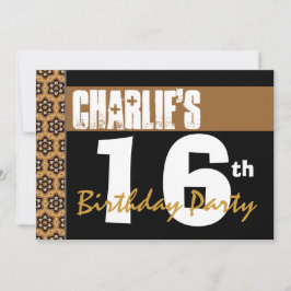 Convites 16ª Festa de aniversário de preto Dourado moderno 