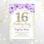 Convites 16ª Festa de aniversário - Dourado roxo branco<br><div class="desc">16.º Convite de aniversário elegante de design elegante em ouro falso brilhante,  roxo e branco. Na moda floral com diamantes e rosas. Perfeito para uma comemoração de vidro. Envie-me uma mensagem se precisar de mais personalização.</div>