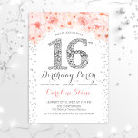 Convites 16ª Festa de aniversário - Prata branca, rosa<br><div class="desc">16º convite de aniversário para a menina. Design floral elegante em prata brilhante e branco. Apresenta o número de diamante,  rosas cor-de-rosa pinceladas e confete. Perfeito para uma doce festa de 16 dias.</div>