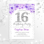 Convites 16ª Festa de aniversário - Prata branca - Roxo<br><div class="desc">16º Convite de aniversário elegante de design elegante em prata brilhante falso,  roxo e branco. Na moda floral com diamantes e rosas. Perfeito para uma comemoração de vidro. Envie-me uma mensagem se precisar de mais personalização.</div>