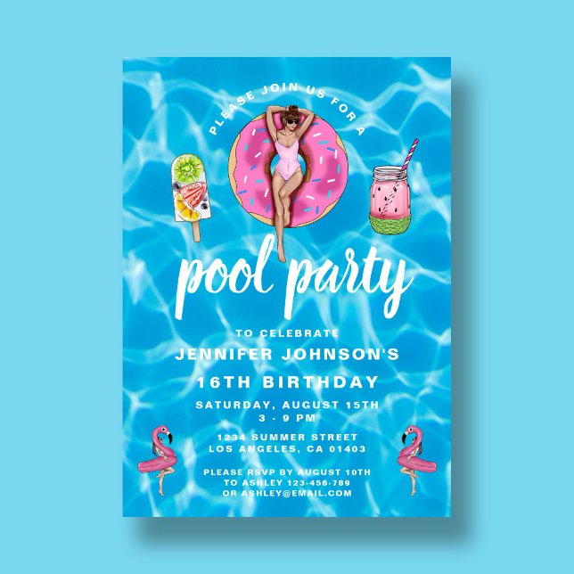 Convites 16º aniversário Festa de Piscina de Verão Rosa-Ros (16th Birthday Cute Pink Summer Pool Party Invitation)