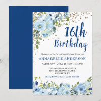 16º Aniversário Marinho Floral Azul Dourado Confet