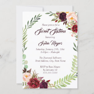 Convites 16º Coroa Floral Burgundy Sweet Sixteen