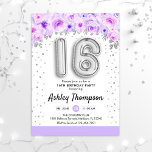 Convites 16.ª Festa de aniversário - Prateados<br><div class="desc">16º convite de aniversário. Design elegante em prata brilhante com sotaque floral. Convide cartão com balões prateados número 16,  fonte de script com confetti. Púrpura,  lavanda e branco. Perfeito para uma comemoração de na moda 16 dias. Envie-me uma mensagem se precisar de idade personalizada.</div>