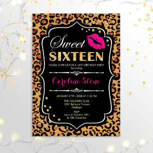 Convites 16.º aniversário - 16.º Leopard, impresso rosa