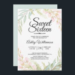 Convites 16.º Aniversário Azul Cor-de-rosa<br><div class="desc">Azul, cor-de-rosa doce, dezesseis anos, 16º aniversário, elegante design floral rosa com folhas em azul claro e aquarelas verdes. Este convite encantador de 16 música apresenta uma escrita elegante e uma tipografia moderna. A parte traseira da placa é pintada em uma cor azul de água correspondente. Para mais personalização, clique...</div>