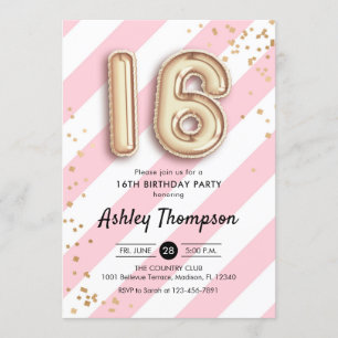 Convites 16.º Aniversário - Balões Dourados com Stripes Ros