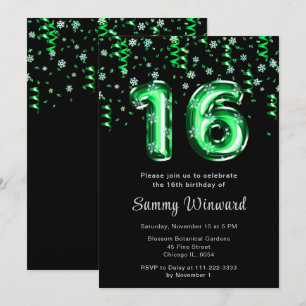 Convites 16.º Aniversário Balões Verdes Snowflake Confetti