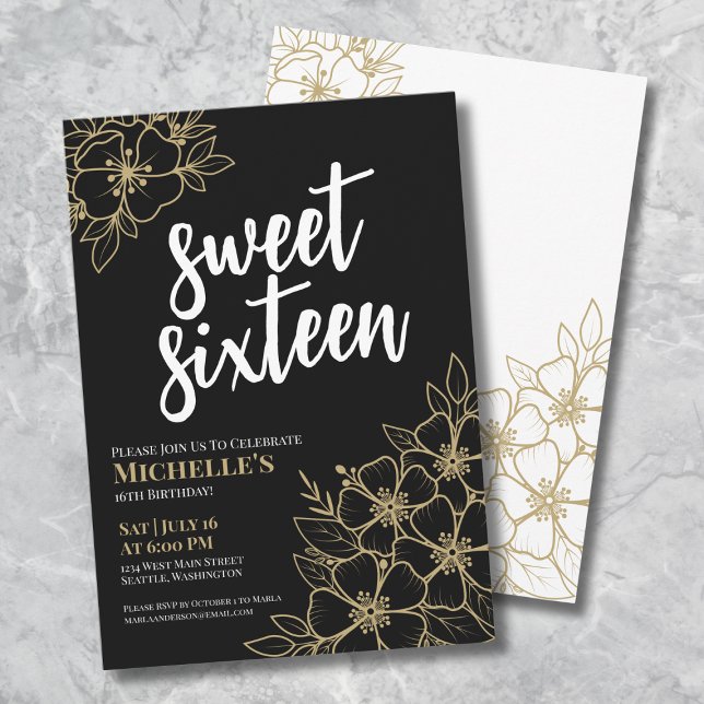 Convites 16.º Aniversário do Dourado Sweet Floral (16th Black Gold Floral Sweet Sixteen Birthday Invitation)