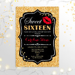 Convites 16.º Aniversário - Doce 16.º Vermelho Negro Dourad<br><div class="desc">Doce 16 Convite de aniversário. Design branco preto elegante com ouro brilhante. Apresenta lábios vermelhos beijando,  confetti e fonte de script. Perfeito para na moda 16ª festa de aniversário. Envie-me uma mensagem se precisar de mais personalização.</div>