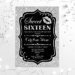 Convites 16.º Aniversário - Doce 16 Prata Negra<br><div class="desc">Doce 16 Convite de aniversário. Design branco preto elegante com prata brilhante falso. Apresenta lábios beijam,  confetti e fontes de script. Perfeito para na moda 16ª festa de aniversário. Envie-me uma mensagem se precisar de mais personalização.</div>