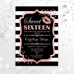 Convites 16.º Aniversário - Doce 16 Rosa preto Dourado<br><div class="desc">Doce 16 Convite de aniversário. Design branco preto elegante com ouro brilhante rosa. Apresenta lábios cor-de-rosa beijando,  listras brancas pretas,  confetti e fonte de script. Perfeito para na moda 16ª festa de aniversário. Envie-me uma mensagem se precisar de mais personalização.</div>