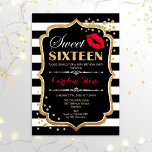 Convites 16.º Aniversário - Doce 16 Vermelho Negro Dourado<br><div class="desc">Doce 16 Convite de aniversário. Design branco preto elegante com ouro brilhante. Apresenta lábios vermelhos beijam,  listras brancas pretas,  confetti e fonte de script. Perfeito para na moda 16ª festa de aniversário. Envie-me uma mensagem se precisar de mais personalização.</div>