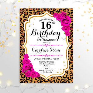 Convites 16.º aniversário - Impressão Dourada sobre Leopard