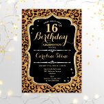Convites 16.º aniversário - Impressão Leopardo<br><div class="desc">16.º Convite de Aniversário. Design branco preto elegante com ouro brilhante. Apresenta a impressão e a letra de um animal de chita leopardo. Perfeito para uma bolsa mensageifesta de aniversario elegante. Pode ser personalizado em qualquer ano! Envie-me uma mensagem se precisar de mais personalização.</div>