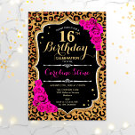 Convites 16.º Aniversário - Impressão Leopardo de Rosas Ros<br><div class="desc">16.º Convite de Aniversário. Design preto rosa elegante com ouro brilhante. Apresenta impressão de animais leopardo cheetah,  fonte de script e rosas rosa-quente. Perfeito para uma bolsa mensageifesta de aniversario elegante. Pode ser personalizado em qualquer ano! Envie-me uma mensagem se precisar de mais personalização.</div>