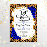 Convites 16.º Aniversário - Impressão Leopardo Dourada Real<br><div class="desc">16.º Convite de Aniversário. Elegante design azul-real branco com ouro brilhante falso. Apresenta a impressão animal de leopard cheetah,  letra de script e rosas azuis de safira. Perfeito para uma bolsa mensageifesta de aniversario elegante. Pode ser personalizado em qualquer ano! Envie-me uma mensagem se precisar de mais personalização.</div>